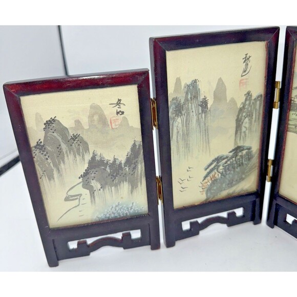 Vintage Mini Table Top Chinese Four Panel Screen 2 Sided Hand Painted 6.6”x14.5” - Picture 7 of 16